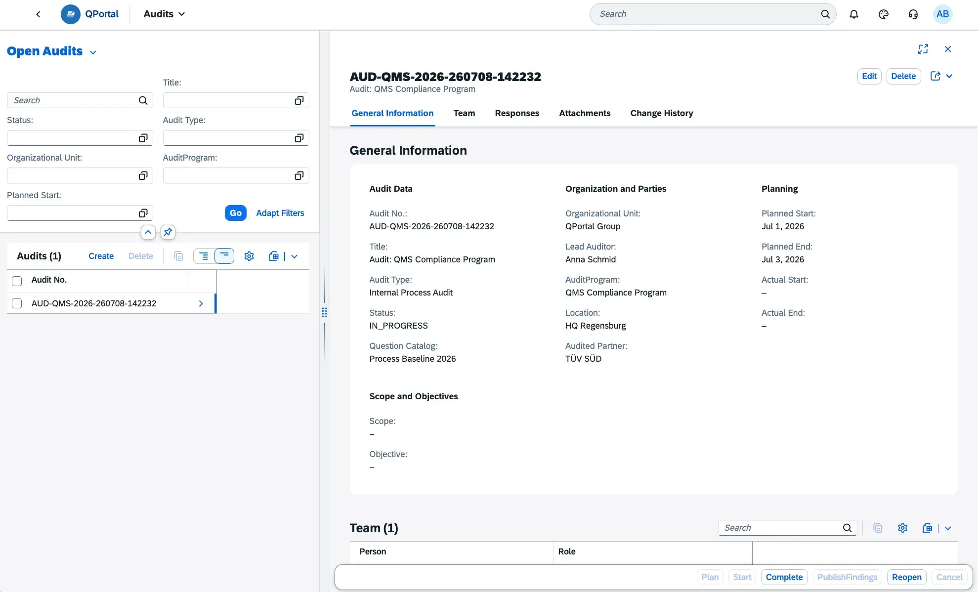 Filter audits by status or site and see all details with a single click.